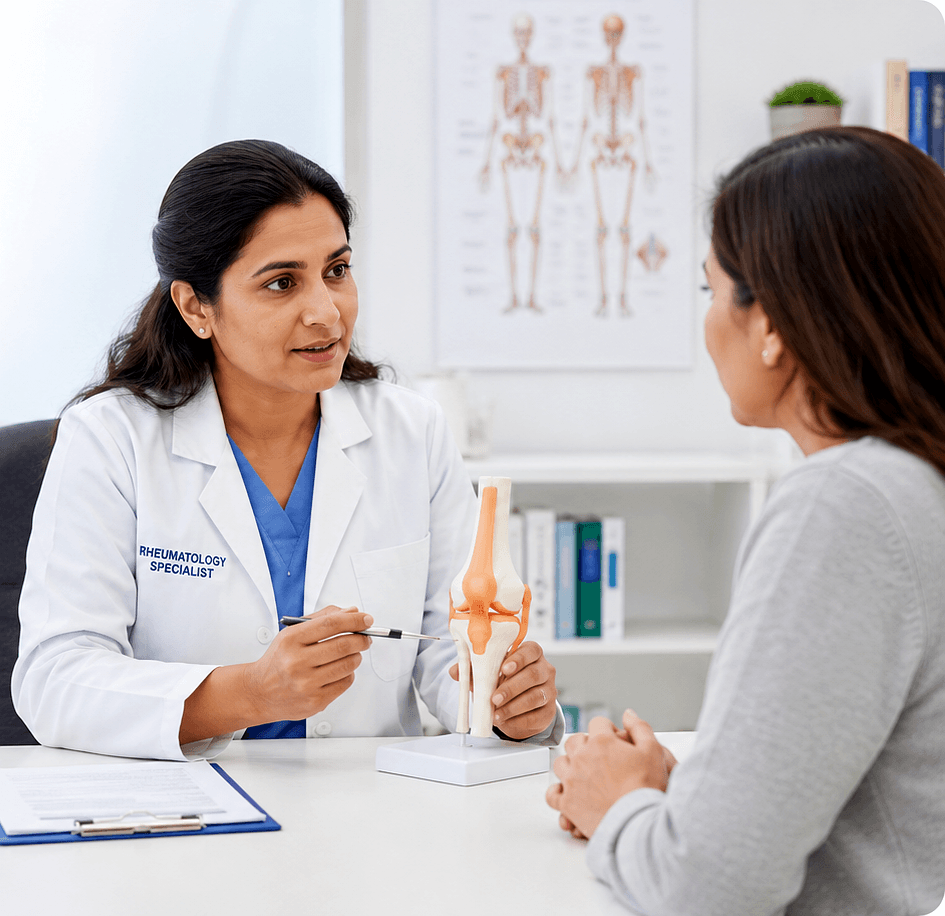 Rheumatology specialist explaining knee joint anatomy to a patient at RAC Nepal