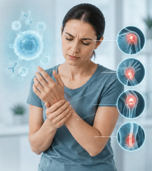 Woman experiencing joint pain with autoimmune disease illustration
