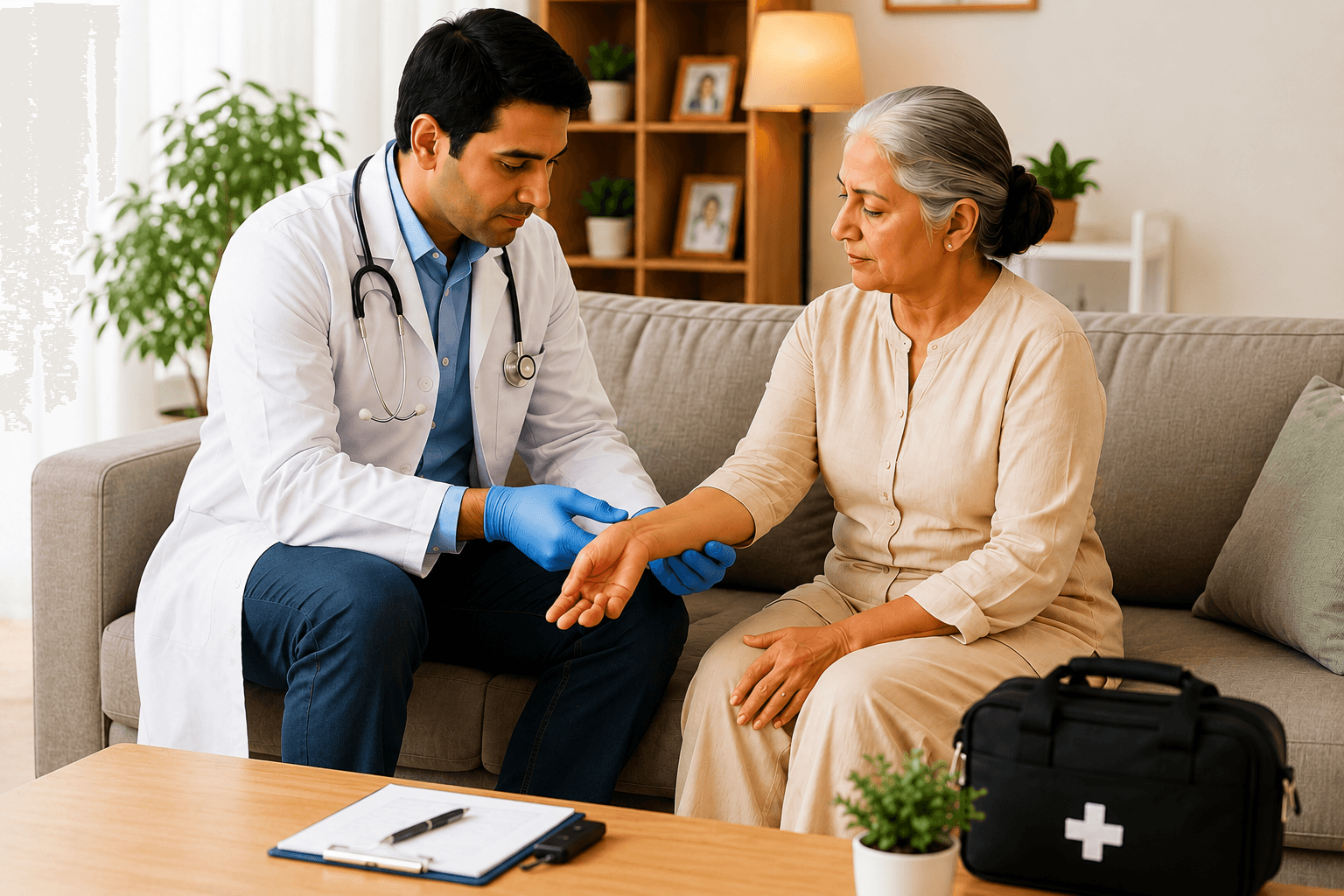 Doctor examining an elderly patient's wrist during a home care visit