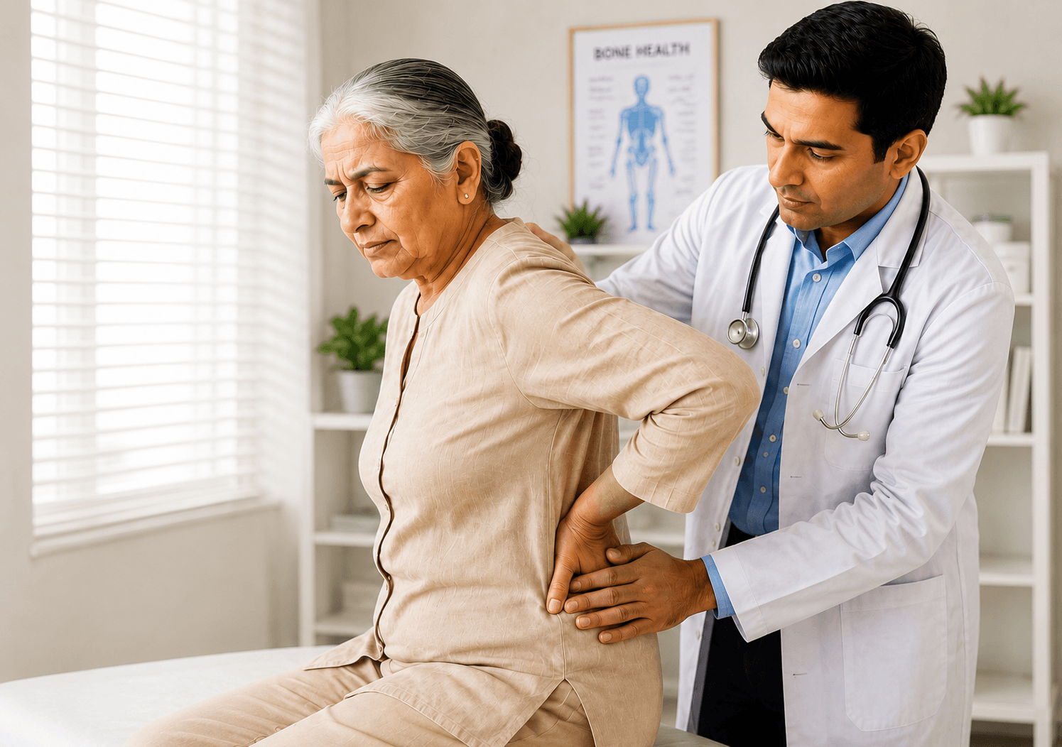 Doctor examining an elderly patient with back pain in a clinic