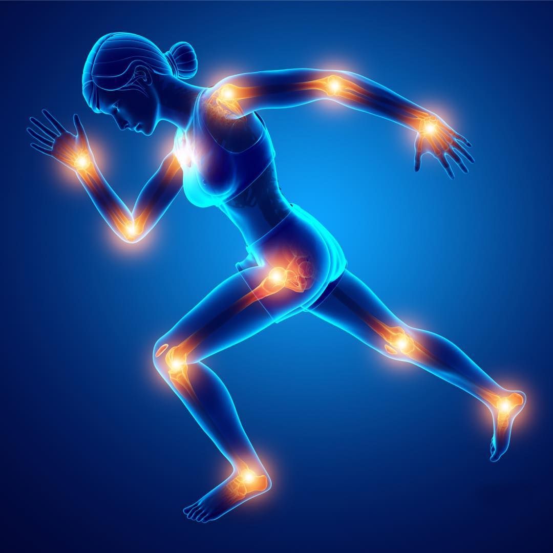Medical illustration highlighting joint pain points across the body